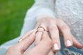 groom puts the ring on the bride's finger. wedding ceremony. close-up  macro Royalty Free Stock Photo