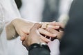 Groom puts a wedding gold ring in church during the wedding ceremony. Closeup of bride and groom hands in church Royalty Free Stock Photo