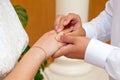 The groom puts the wedding ring on the bride`s finger at the wedding ceremony Royalty Free Stock Photo