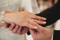 The groom puts a white gold engagement ring on his finger Royalty Free Stock Photo