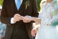 Groom putting wedding ring on bride`s finger during wedding ceremony outdoors on beautiful summer day Royalty Free Stock Photo