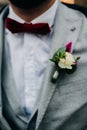 The groom`s Burgundy boutonniere . The groom in a jacket. Royalty Free Stock Photo