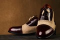 Groom`s wedding shoes on a dark wooden box, close-up Royalty Free Stock Photo
