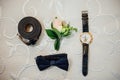 Groom set clothes. Wedding cufflinks and clock Royalty Free Stock Photo