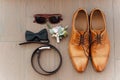 Groom set clothes. Wedding rings, shoes, bow tie Royalty Free Stock Photo