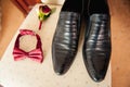 Groom set clothes. Wedding rings, shoes, cufflinks and bow tie Royalty Free Stock Photo