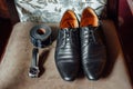 Groom set clothes. Wedding rings, shoes, cufflinks and bow tie Royalty Free Stock Photo