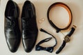 Groom set clothes. Wedding rings, shoes, cufflinks and bow tie Royalty Free Stock Photo