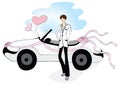 groom standing beside car. Vector illustration decorative design