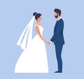 The groom in a suit and the bride in a wedding dress, a couple in love in elegant outfits. Vector illustration in flat