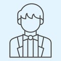 Groom thin line icon. Newly married man in black jacket. Wedding asset vector design concept, outline style pictogram on