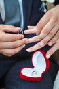 Groom wearing wedding ring on bride finger