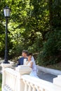 Groom in white shirt kissing bride hand. Very gentle photo Royalty Free Stock Photo