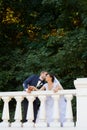 Groom in white shirt kissing bride hand. Very gentle photo Royalty Free Stock Photo