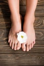 groomed female feet on wooden surface Royalty Free Stock Photo