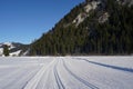 Groomed ski trails for cross-country skiing in winter landscape