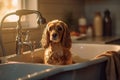 A groomer giving a cocker spaniel a bath in a sink, with shampoo. Generated ai Royalty Free Stock Photo