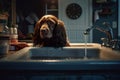 A groomer giving a cocker spaniel a bath in a sink, with shampoo. Generated ai Royalty Free Stock Photo