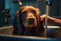 A groomer giving a cocker spaniel a bath in a sink, with shampoo. Generated ai Royalty Free Stock Photo