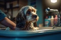 A groomer giving a cocker spaniel a bath in a sink, with shampoo. Generated ai Royalty Free Stock Photo