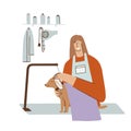 A groomer holds a cute dog in her arms. Isolated illustration in a flat style. Royalty Free Stock Photo