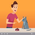 Groomer man. Male with cat, video content about pets. Animal channel online, blogger and cute kitten vector illustration