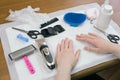 Groomer`s workstation prepared for grooming and hygiene procedures a pet