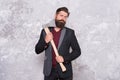 Grooming cutthroat. Bearded man hold sharp axe. Beard grooming. Mens grooming salon. Hipster in brutal style. Lumberjack Royalty Free Stock Photo