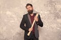 Grooming cutthroat. Bearded man hold sharp axe. Beard grooming. Mens grooming salon. Hipster in brutal style. Lumberjack Royalty Free Stock Photo