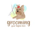 Grooming, dog with hairdressing scissors, illustration and logo design. Hairdresser for dogs, animals and pets, vector