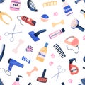 Grooming equipment for pet care salon seamless pattern. Various tools for bath, wash, cut, dry during caring of domestic