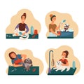 Grooming pet set, groomers wash groomed dogs and cats, vector collection of illustrations in flat style