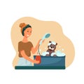 Grooming for pets, girl washes the dog, vector illustration in flat style