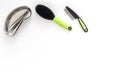 Grooming set with pets cure tools and brushes on white background top view mockup