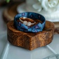 Grooms details rings in wooden box on heart shaped stand