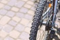 Grooved tire on a mountain bike wheel on a sunny day Royalty Free Stock Photo