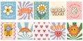 Groovy hippie 70s set. Funny cartoon flower, rainbow, peace, Love, heart, daisy, mushroom etc. Royalty Free Stock Photo