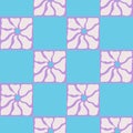 Groovy abstract flower. Retro blue checkered background with daisies. Modern naive groovy funky interior decorations