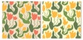 Groovy abstract pattern tulips flower on yellow background. . Modern naive groovy funky interior decoration. Vector art