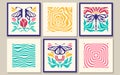 Groovy abstract posters with groovy butterfly, dragonfly, flowers, waves and twirl pattern