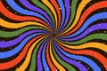 Groovy abstract rainbow swirl on black background. Retro design in 1960-1970s style. Vintage sunburst backdrop. Colorful