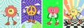 Groovy art poster set with retro characters. Sun, peace sign, flower and heart mascots on crazy vintage hippy banners Royalty Free Stock Photo