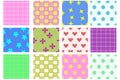 Groovy seamless patterns with funny happy daisy, wave, chess, mesh, rainbow