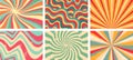 Groovy background. Starburst rays, colorful funky waves and vintage 60s hippie psychedelic wallpaper backdrop vector set