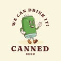 Groovy Beer Cartoon Retro Character Emblem Illustration. Drink Tin Can Walking Smiling Vector Logo Mascot Template