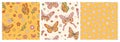 Groovy butterfly, daisy, flower. Hippie 60s 70s seamless patterns in trendy retro style. Royalty Free Stock Photo