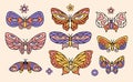 Groovy butterfly, daisy flower set. Hippie 60s 70s contour elements. Floral romantic stickers in trendy psychedelic Royalty Free Stock Photo