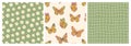 Groovy butterfly, daisy, flower, waves, chessboard. Hippie 60s 70s seamless patterns.