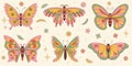 Groovy butterfly stickers set. Hippie 60s 70s retro style. Yellow, pink green colors. Royalty Free Stock Photo