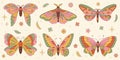 Groovy butterfly stickers set. Hippie 60s 70s retro style. Yellow, pink green colors. Royalty Free Stock Photo